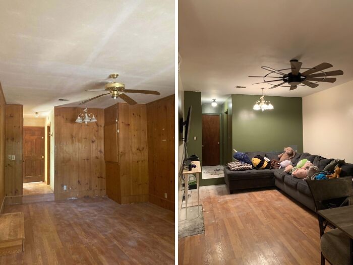 Before and after a living room home improvement project, highlighting updated walls and ceiling fan.