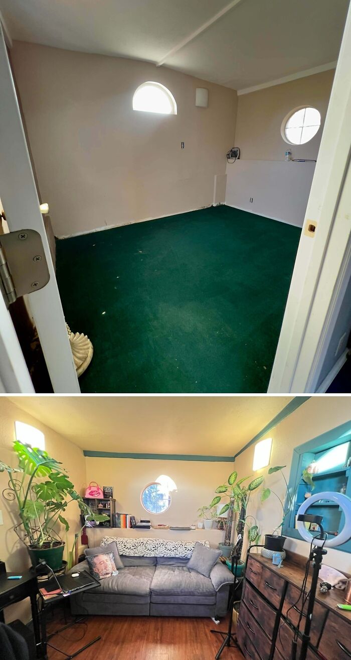 Before and after a room transformation, showcasing a home improvement project with new furniture and plants.