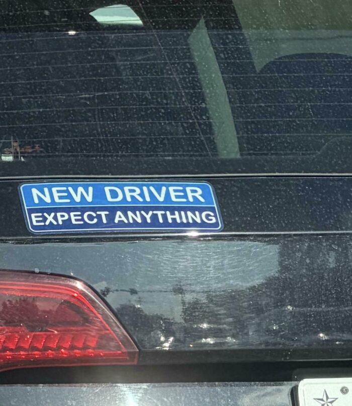 A funny bumper sticker on a car's rear that says, NEW DRIVER EXPECT ANYTHING.