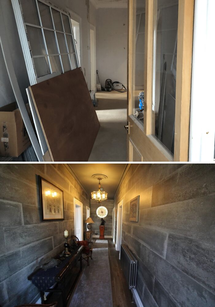 Before and after a hallway home improvement project, featuring a new stone wall and lighting.