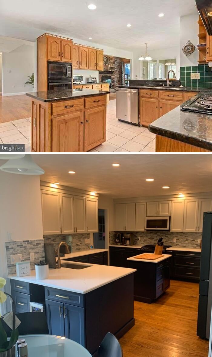 Before and after a kitchen home improvement project, showing new cabinets, countertops, and appliances.