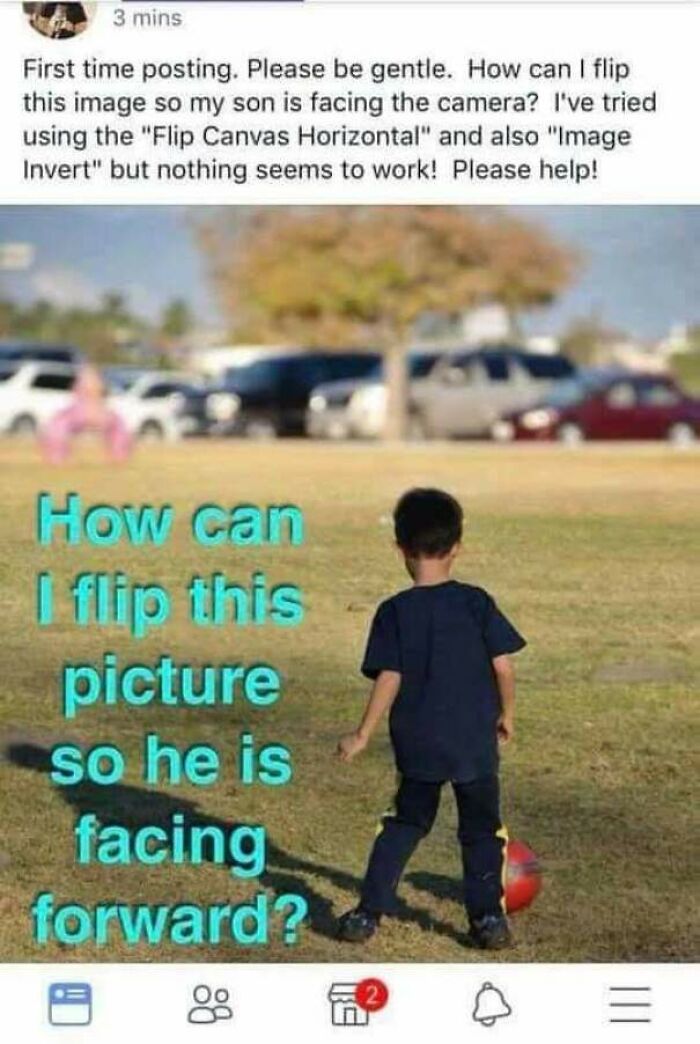 Elderly people asking for help to flip a picture of their son, showcasing their unsupervised access to the internet.