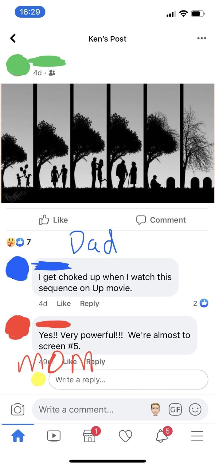 Elderly people sharing a touching image from the movie Up, highlighting their unsupervised access to the internet.