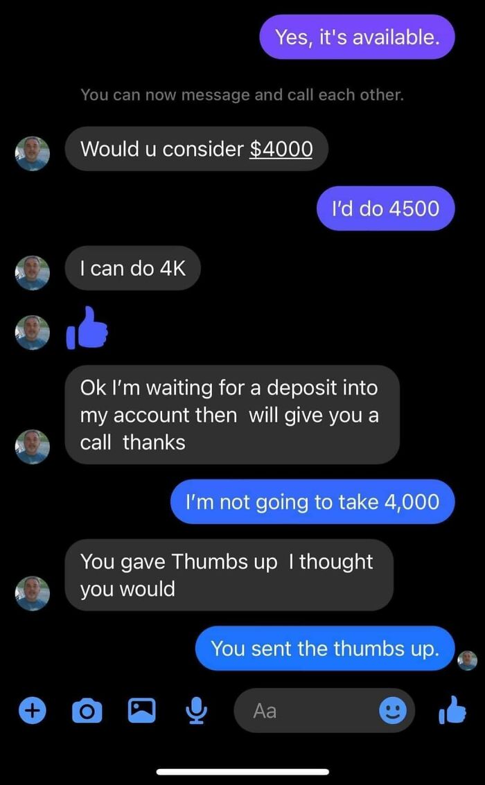 A funny text conversation showing a misunderstanding over a thumbs-up emoji, highlighting elderly people's internet mishaps.