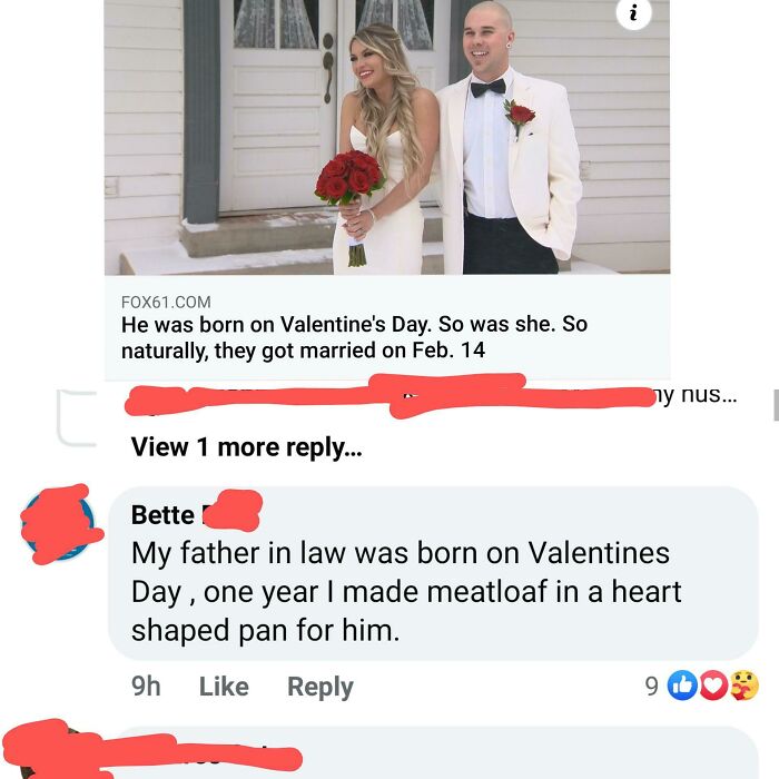 A social media post with a story about a couple born on Valentine's Day and a funny comment about elderly people and the internet.
