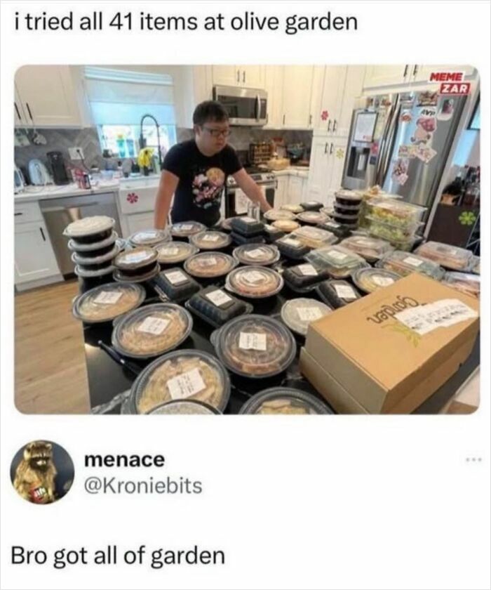 Respectful memes depicting a person surrounded by numerous Olive Garden food containers, boosting morale.