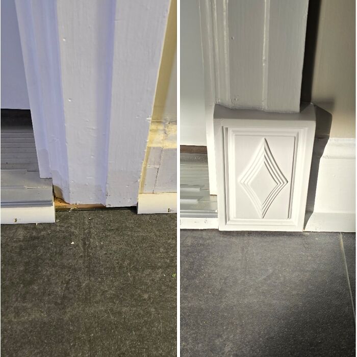 Before and after of a home improvement project: a door trim with decorative plinth block. Shows attention to detail.