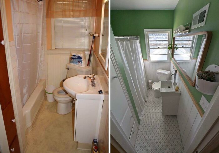 Before and after of a small bathroom, highlighting home improvement projects for a brighter, more modern look.