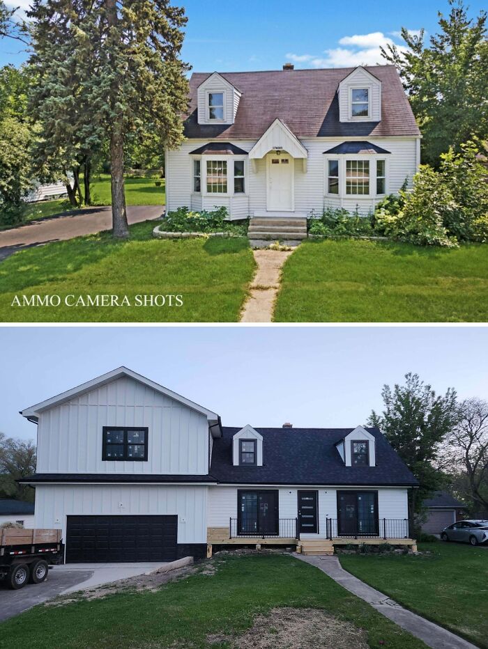 A before-and-after exterior view of a house, demonstrating transformative home improvement projects.