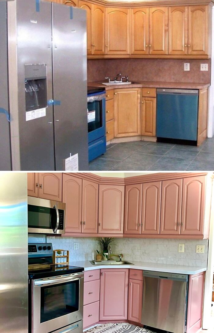 Before and after of a kitchen, showcasing a home improvement project with cabinets painted pink and new appliances.