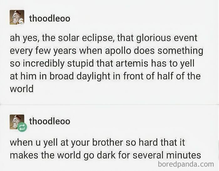 A humorous text post about a solar eclipse and Apollo and Artemis from mythology memes.