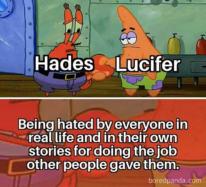 A mythology meme featuring Hades and Lucifer from SpongeBob, discussing being hated for their jobs.