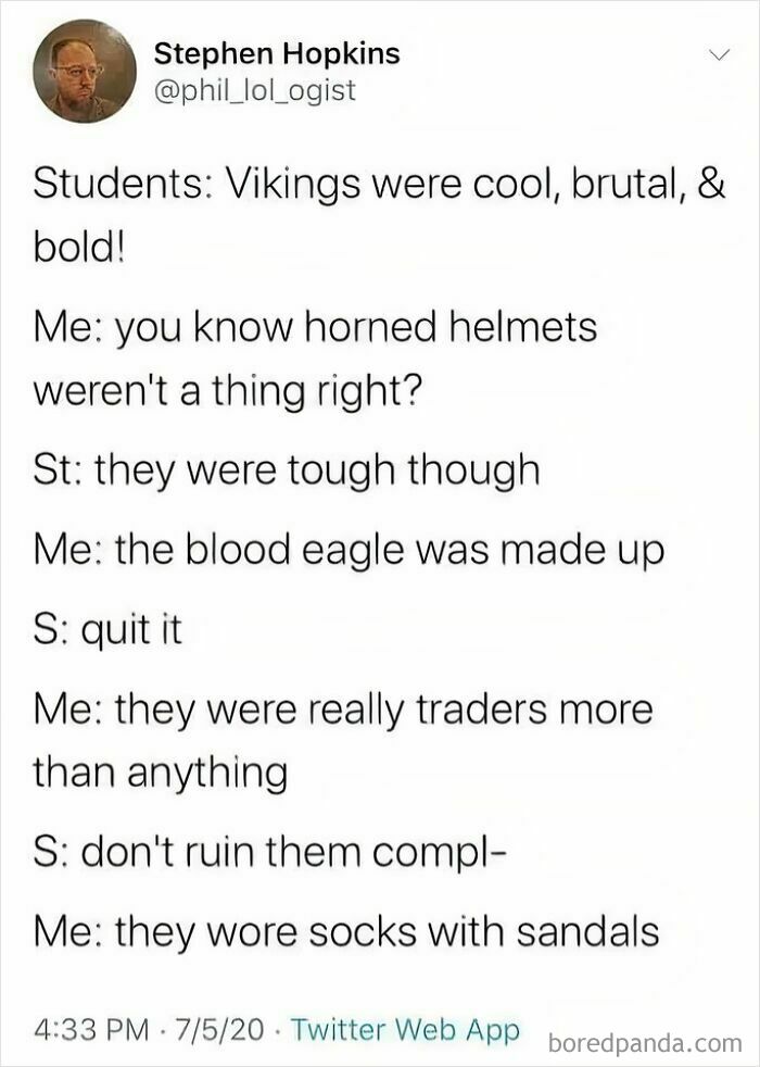 Mythology memes tweet discussing Vikings with a student and a person correcting historical facts, a top-tier mythology meme.