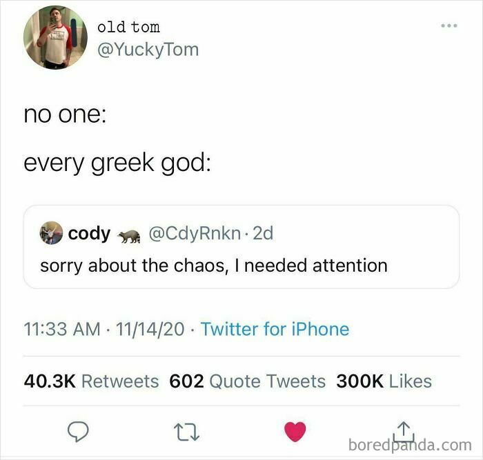 A Twitter screenshot showing a tweet about Greek gods needing attention, generating mythology memes humor.