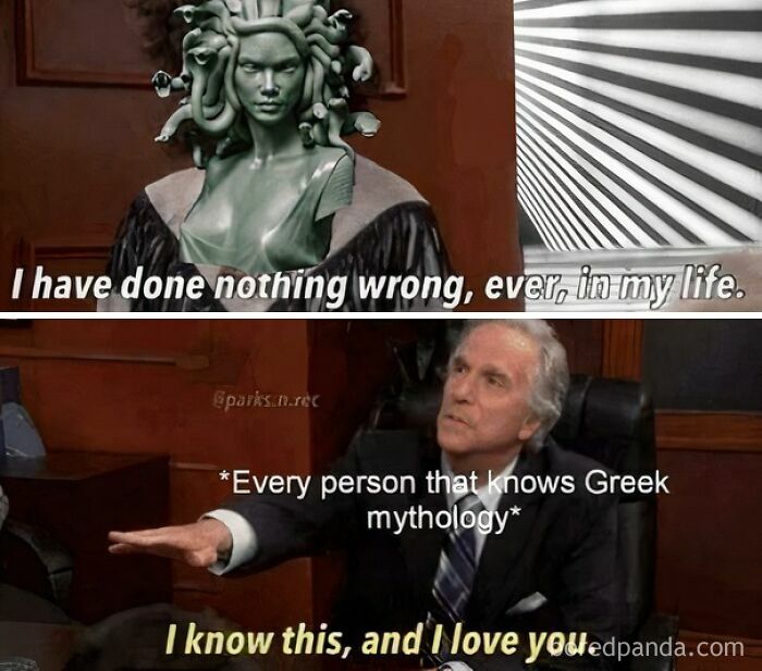 Hilarious mythology memes depicting Medusa and a man saying 'I know this, and I love you,' a top-tier mythology meme.