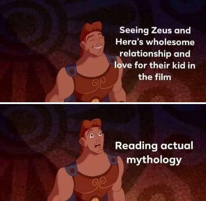 Hercules meme showing his happy reaction to Zeus and Hera in a film, then a shocked reaction reading actual mythology.