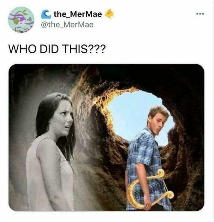 A mythology meme depicting a woman looking shocked at a man holding a golden lyre-shaped object in a cave.