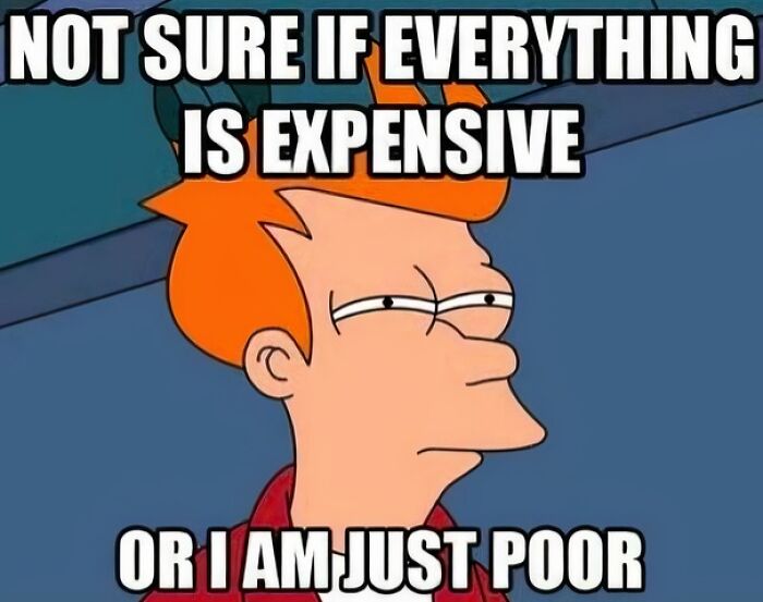 A cartoon character with a confused expression, and text saying, 'Not sure if everything is expensive or I am just poor.' This is one of many ancient memes that still crack people up.