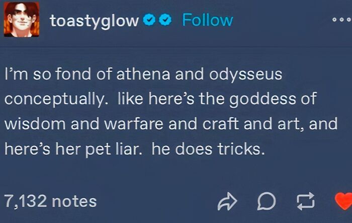 A social media post mythology meme appreciating Athena and Odysseus, calling Odysseus her pet liar.