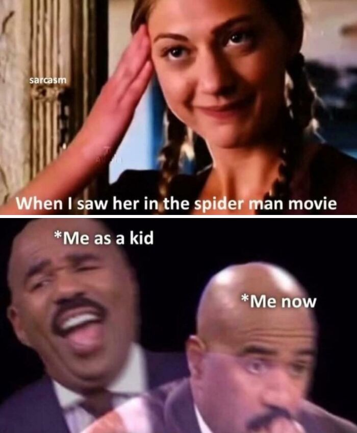 A meme showing a woman from Spider-Man, a laughing Steve Harvey as a kid, and a serious Steve Harvey now. People need an explanation for the joke.