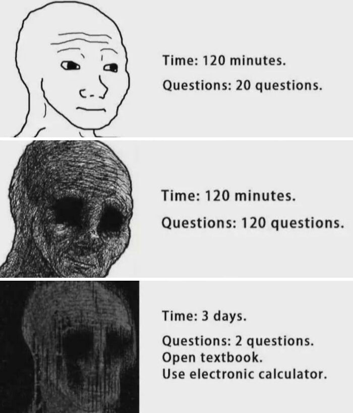 A meme showing three panels with increasing stress levels of a person, illustrating different exam difficulties and how people explain the joke.