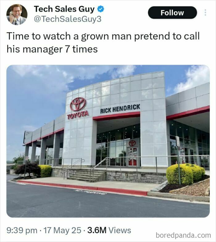 A tweet from Tech Sales Guy about explaining the joke of a salesman pretending to call his manager.
