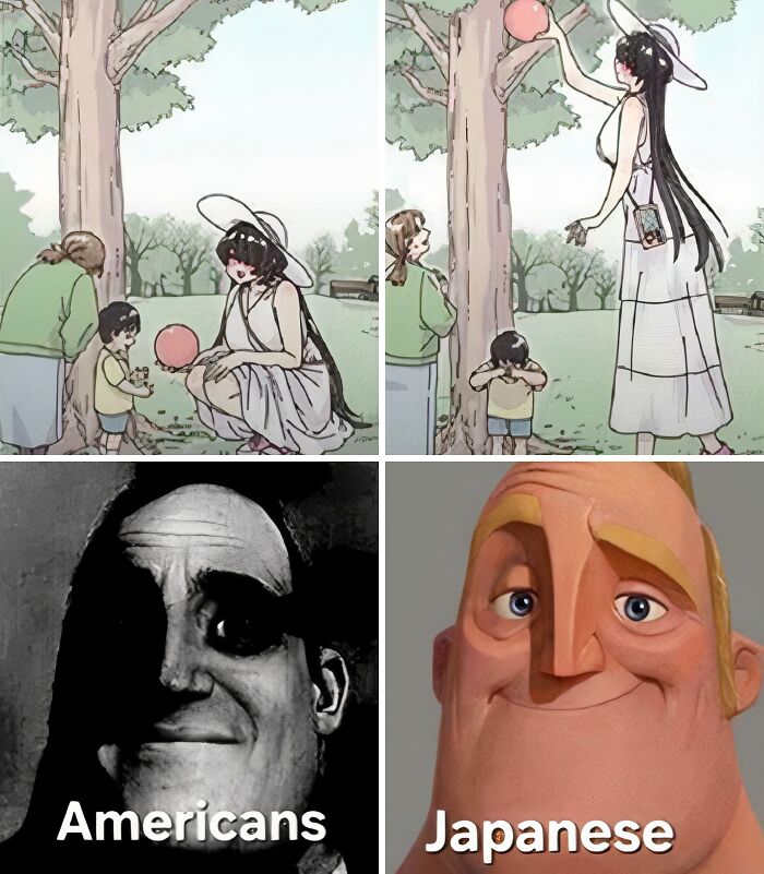 A four-panel meme contrasting reactions to a child's height, implying a joke that needs to be explained.