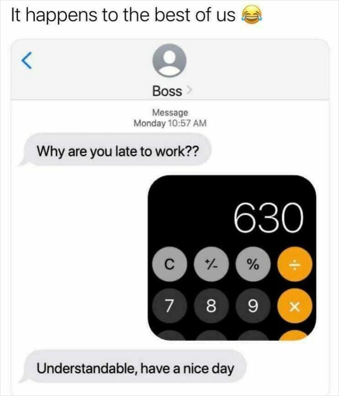A meme showing a text message conversation where someone asks to explain the joke about being late to work.