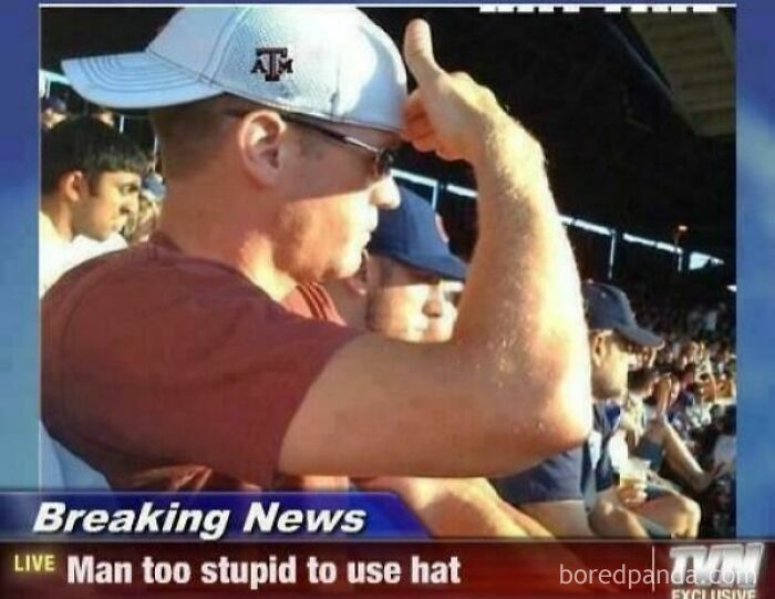 A man wearing a baseball cap incorrectly, with a breaking news banner about ancient memes.
