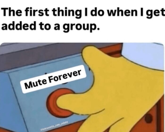 An ancient meme showing a cartoon hand pressing a 'Mute Forever' button after being added to a group.