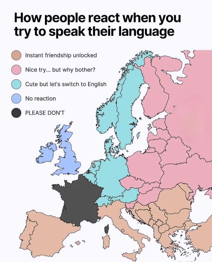 A map of Europe depicting different reactions when people try to speak a foreign language, explaining a joke.