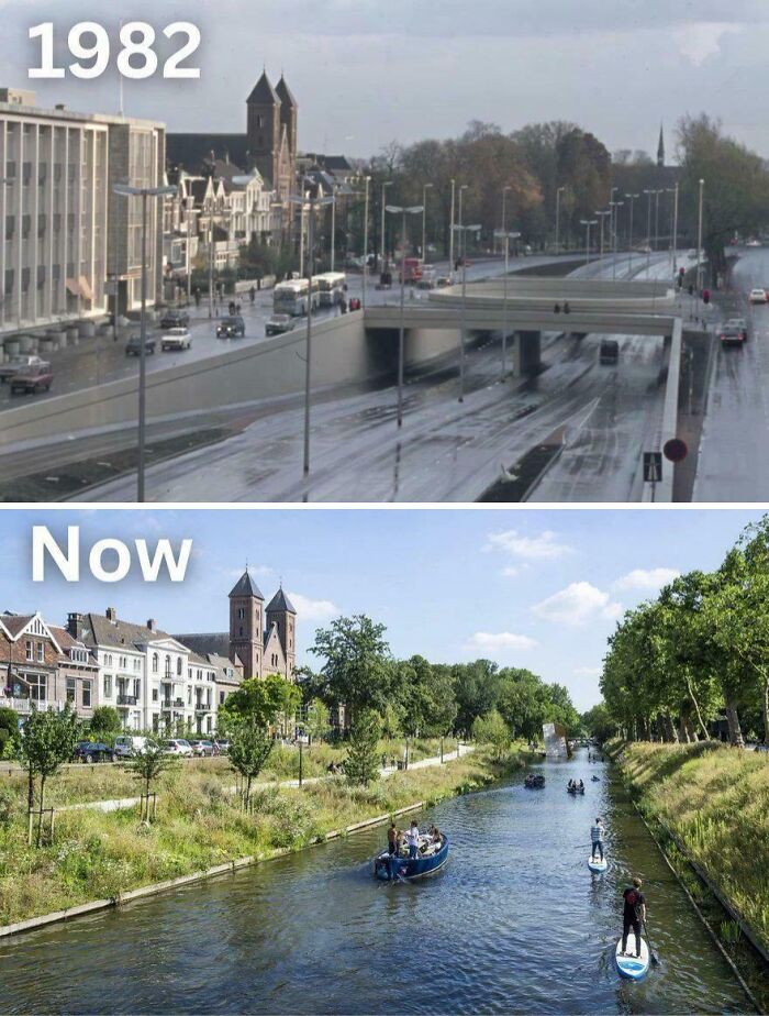 A historical photo showing a before and after comparison of a city street in 1982 and the same area as a canal now.