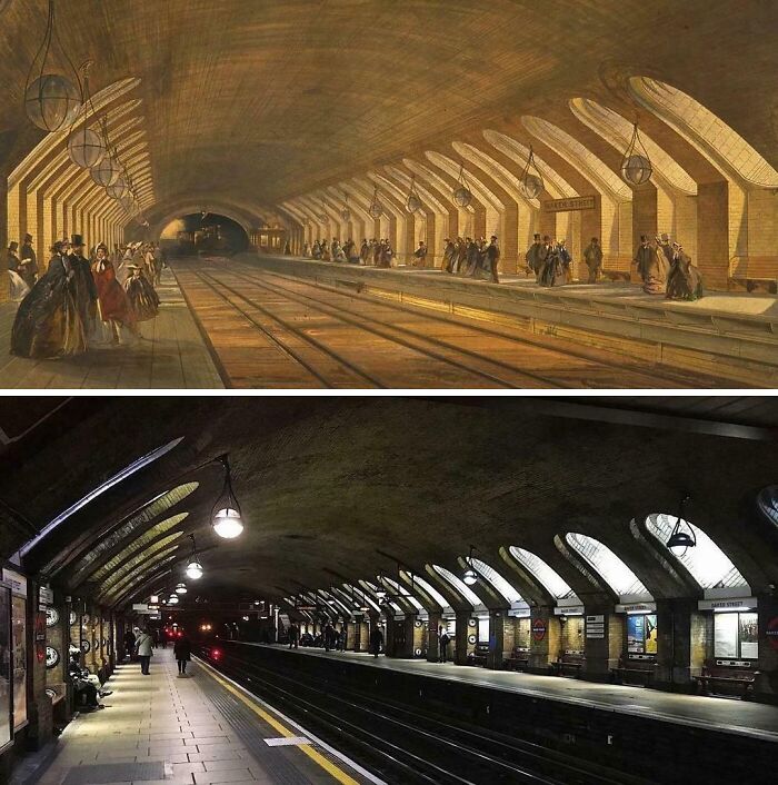 A split image showing a historical painting of an old train station above a modern photograph of the same station.