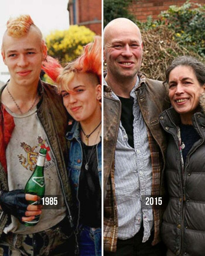A split image showing a punk couple in 1985 with mohawks and leather jackets, and the same couple in 2015 as smiling adults, highlighting historical photos.