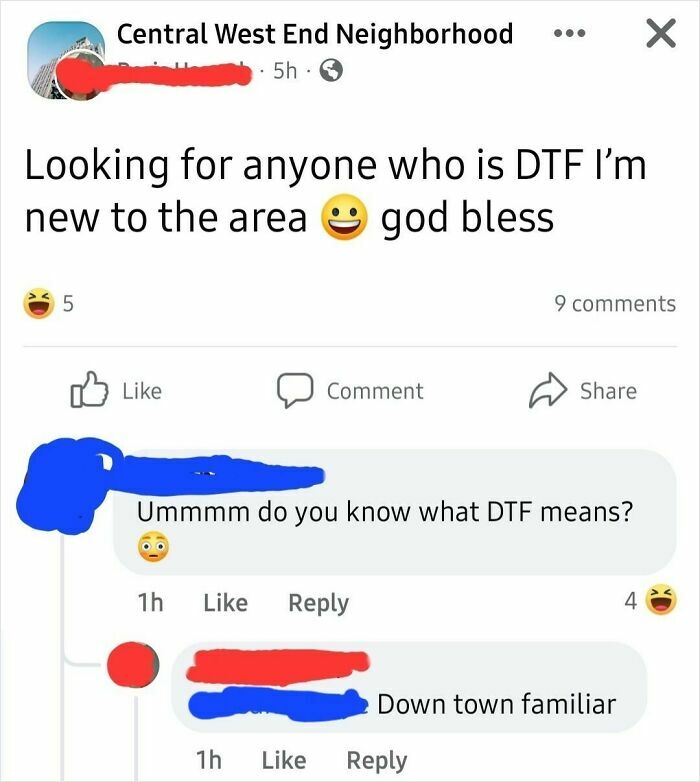 Elderly people hilariously misunderstand internet slang: An older user asks if anyone is DTF, believing it means 'down town familiar'.