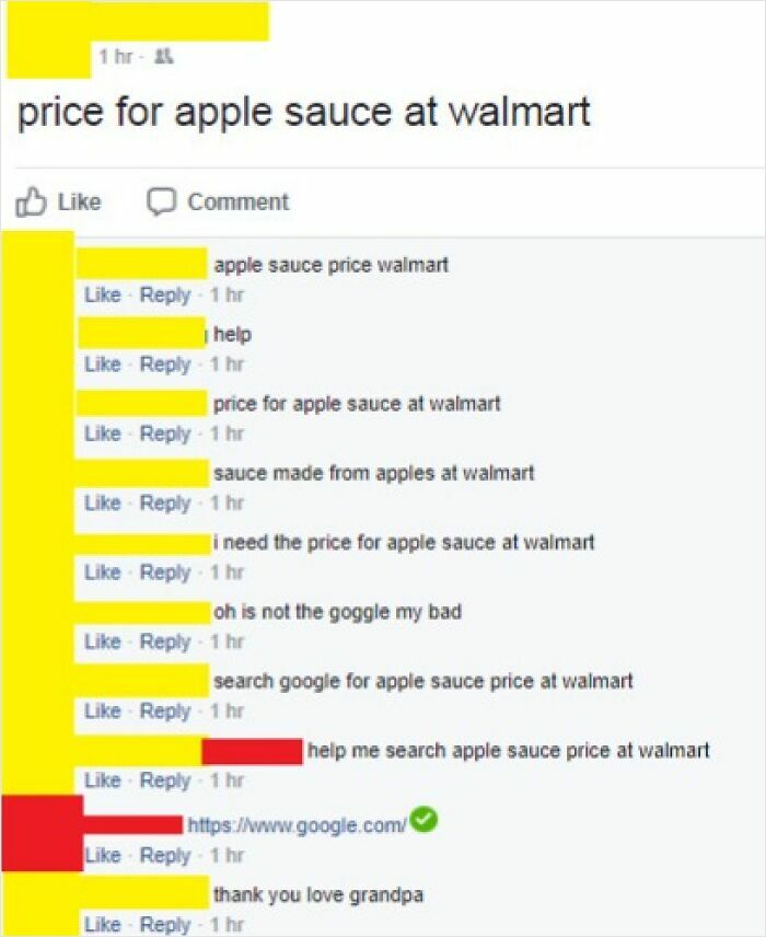 Elderly people navigating the Internet: A user repeatedly posts requests for apple sauce price at Walmart in Facebook comments, thinking it's Google.