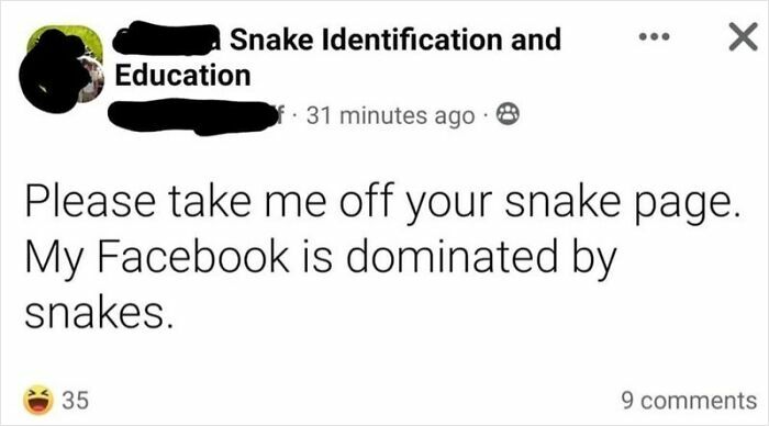Elderly people and the Internet: A user hilariously asks to be removed from a snake identification page, stating their Facebook is dominated by snakes.