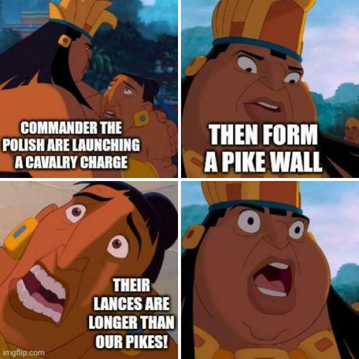 A history meme showing an ancient commander shocked by longer Polish lances during a cavalry charge.