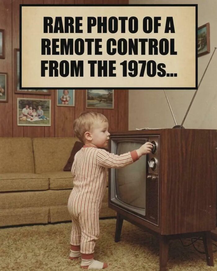 A young child in striped pajamas standing in front of an old television, reaching for the tuning knobs, with text stating, 'Rare photo of a remote control from the 1970s...' This is one of many ancient memes that still crack people up.
