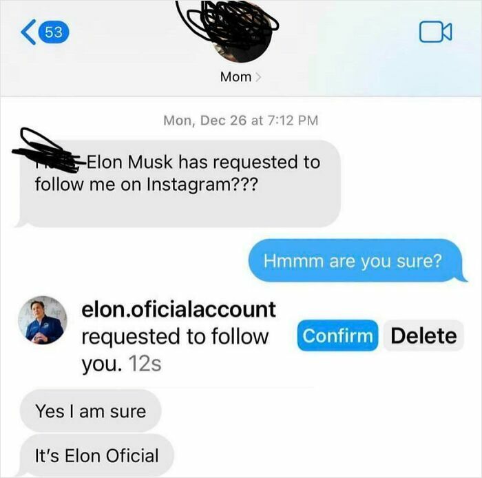 A text message exchange highlighting elderly people's internet use, with a mom asking about a fake Elon Musk Instagram account.