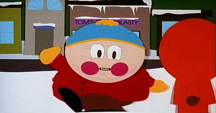 An animated character resembling Eric Cartman from South Park, depicted in a childish style, changing your sense of history.