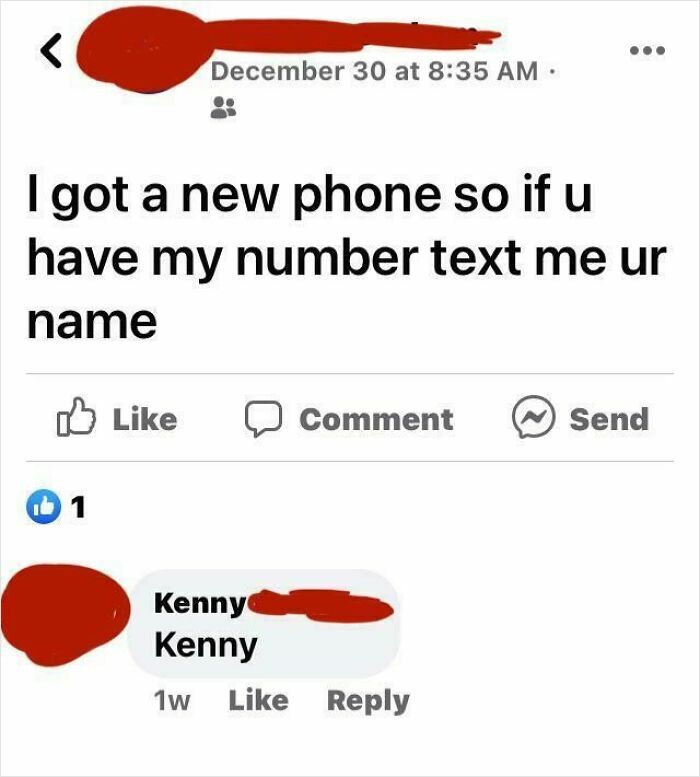 Elderly people using the internet; a person posts to text their name after getting a new phone, and Kenny comments, Kenny.