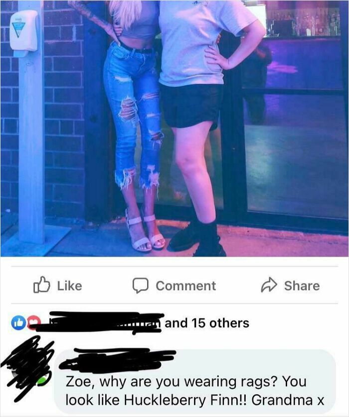 Elderly people using the internet; an elderly person comments on a photo asking, Zoe, why are you wearing rags?