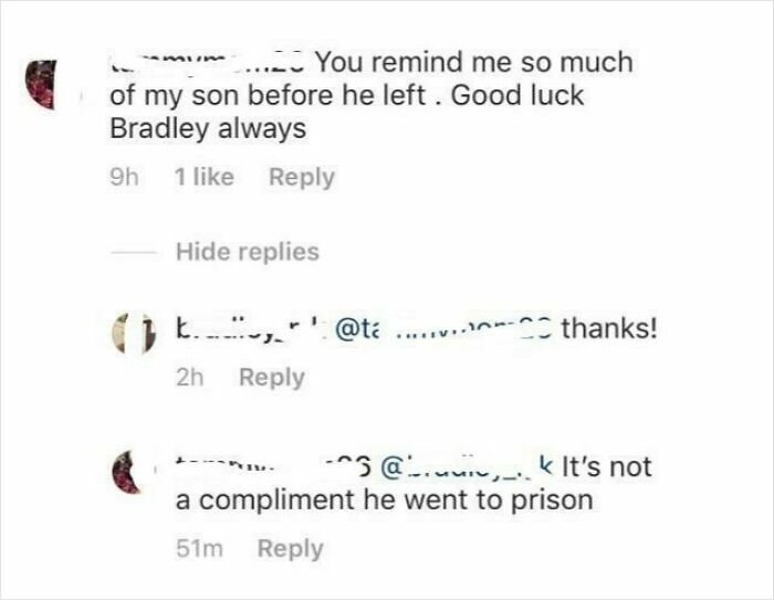 Elderly people making a funny comment about someone reminding them of their son who went to prison on the internet.