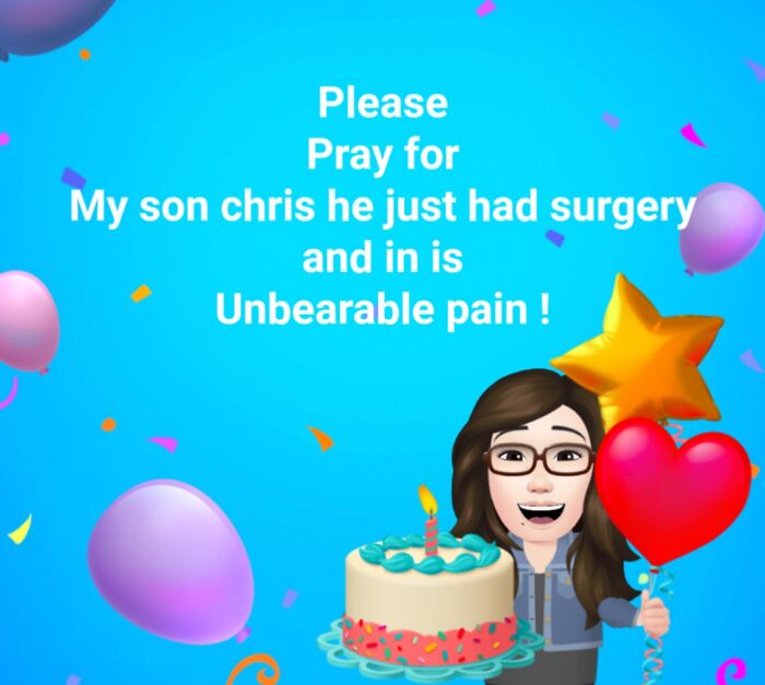 Elderly people creating a social media post with an avatar and balloons, asking for prayers for their son, showing unsupervised access to the internet.