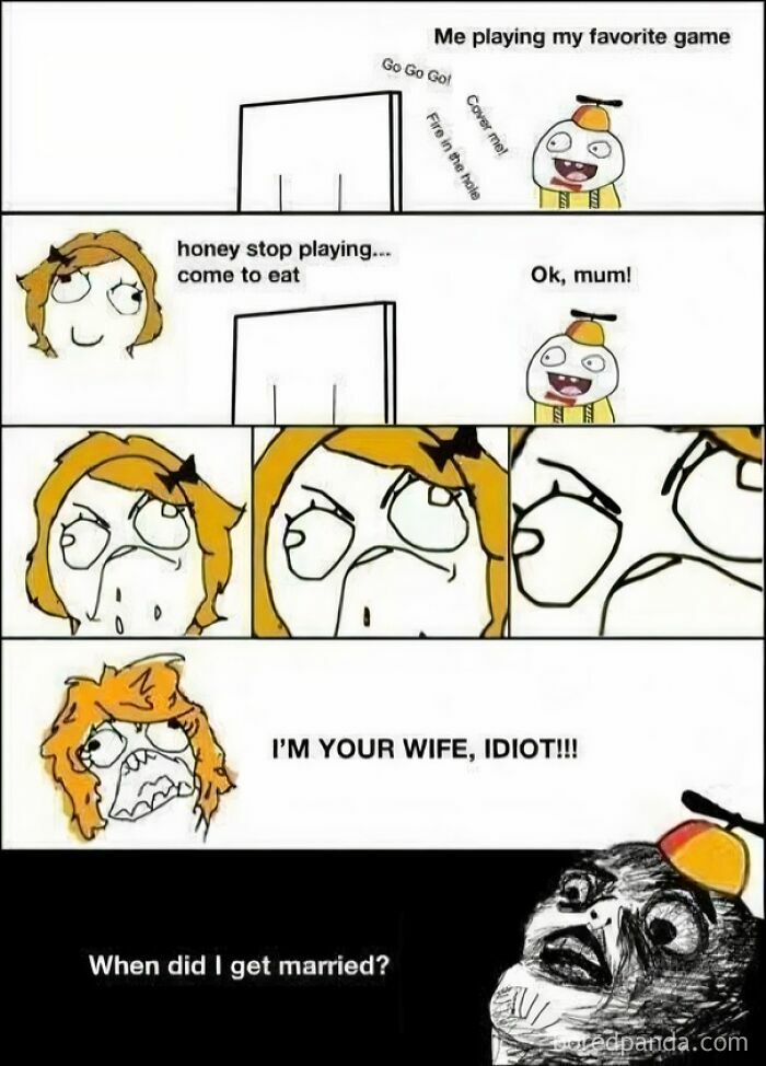 A rage comic meme depicting a man immersed in a game, his wife calling him for food, and his confused reaction about being married.