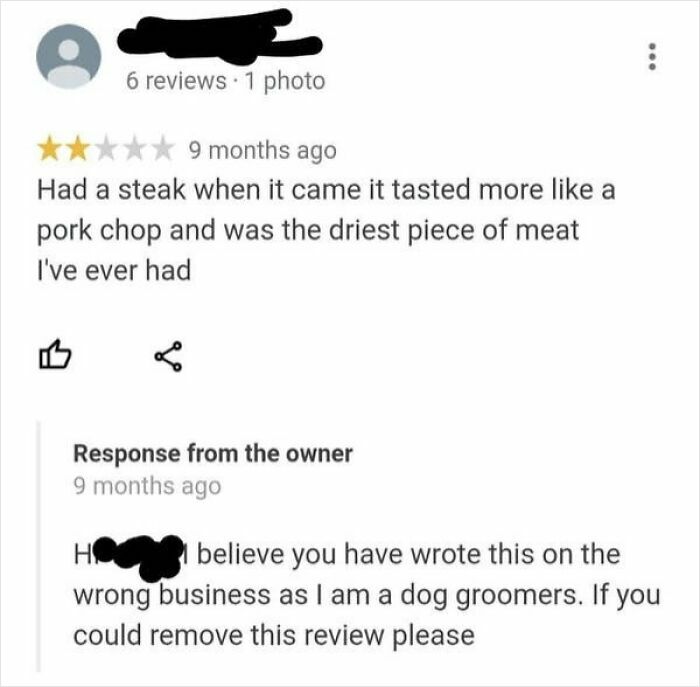 A screenshot of a humorous elderly internet interaction, where a steak review is accidentally posted on a dog groomer's page. Elderly people online.