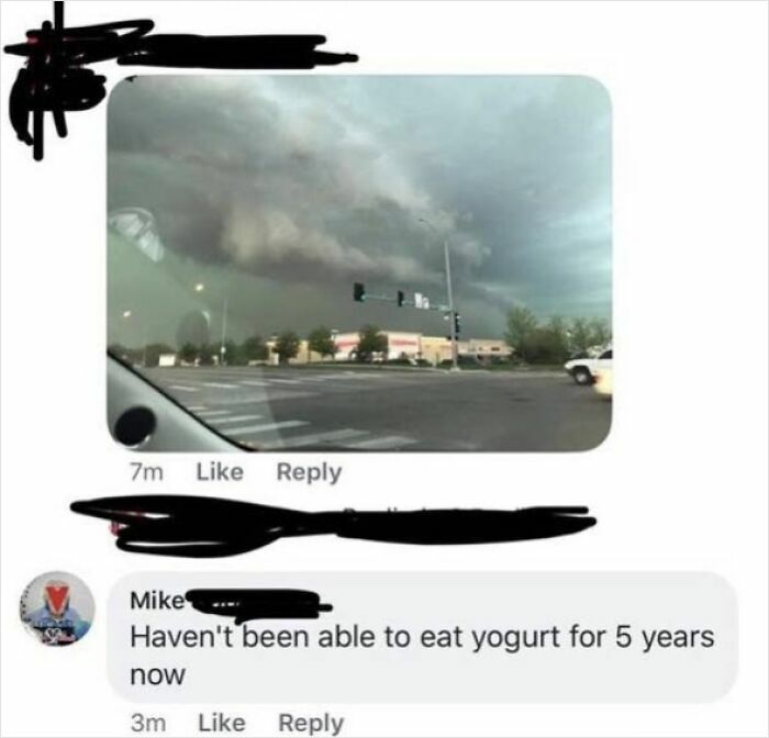 A Facebook post showing a cloudy sky with a humorous, irrelevant comment from elderly people about not eating yogurt.