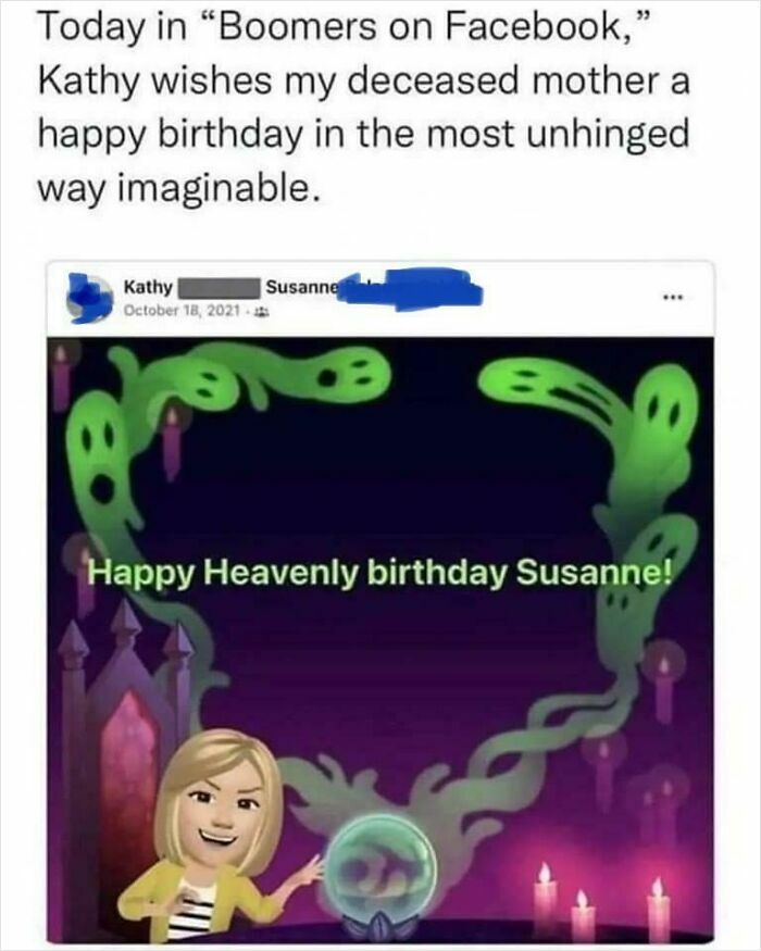 A Facebook post from elderly people showing an odd birthday wish for a deceased mother, highlighting unsupervised internet access.
