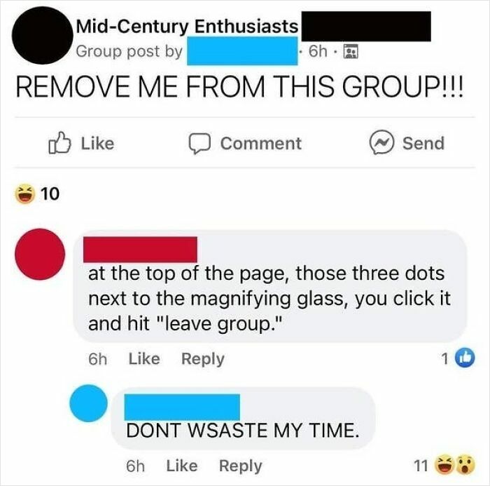 Elderly people humorously struggling with internet use, failing to leave a Facebook group despite instructions.